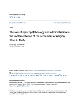 The Role of Episcopal Theology and Administration in the Implementation of the Settlement of Religion, 1559-C