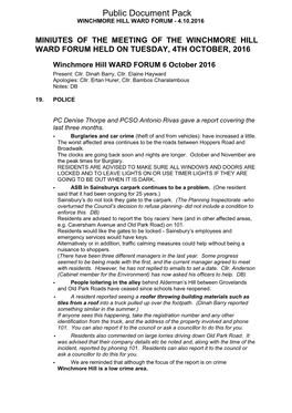 Minutes Document for Winchmore Hill Ward Forum, 04/10/2016 19:30