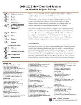 2020-2022 Holy Days and Seasons a Calendar of Religious Holidays