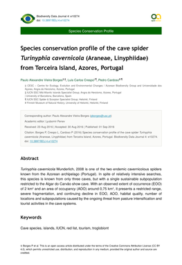 Species Conservation Profile of the Cave Spider Turinyphia Cavernicola (Araneae, Linyphiidae) from Terceira Island, Azores, Portugal