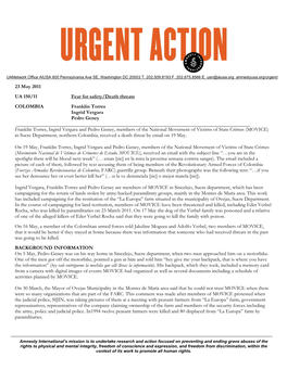 23 May 2011 UA 150/11 Fear for Safety/Death Threats COLOMBIA