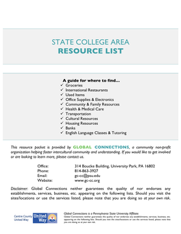 State College Area Resource List