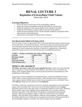 RENAL LECTURE 3 Regulation of Extracellular Fluid Volume Emma Jakoi, Ph.D