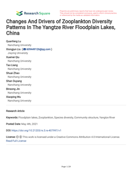Changes and Drivers of Zooplankton Diversity Patterns in the Yangtze River Floodplain Lakes, China