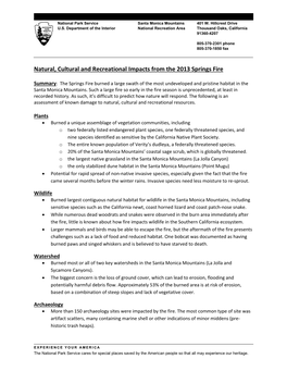 Natural, Cultural and Recreational Impacts from the 2013 Springs Fire