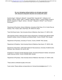 De Novo Damaging Coding Mutations Are Strongly Associated with Obsessive-Compulsive Disorder and Overlap with Autism