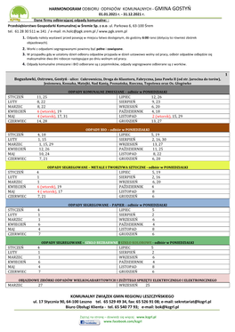 HARMONOGRAM ODBIORU ODPADÓW KOMUNALNYCH - GMINA GOSTYŃ 01.01.2021 R