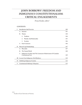 John Borrows' Freedom and Indigenous Constitutionalism