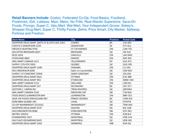 Costco, Federated Co-Op, Food Basics, Foodland, Freshmart, IGA, Loblaws, Maxi, Metro, No Frills, Real A