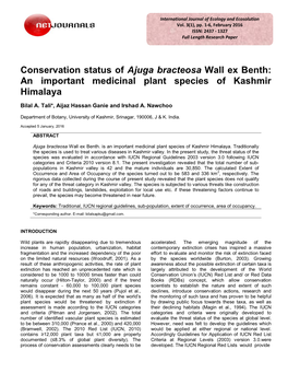 Conservation Status of Ajuga Bracteosa Wall Ex Benth: an Important Medicinal Plant Species of Kashmir Himalaya