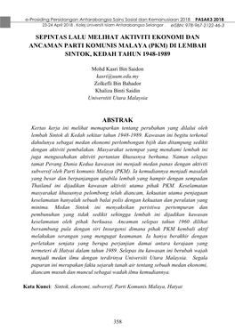 Sepintas Lalu Melihat Aktiviti Ekonomi Dan Ancaman Parti Komunis Malaya (Pkm) Di Lembah Sintok, Kedah Tahun 1948-1989 Abstrak