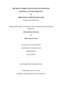 THE ROLE of BIBLE TRANSLATION in ENHANCING XITSONGA CULTURAL IDENTITY by MBHANYELE JAMESON MALULEKE