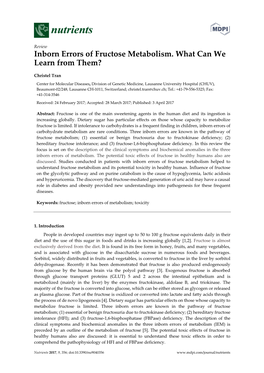 Inborn Errors of Fructose Metabolism. What Can We Learn from Them?