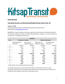 Two-Boat Service on Bremerton/Seattle Route Starts Feb