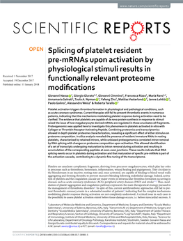 Splicing of Platelet Resident Pre-Mrnas Upon Activation By