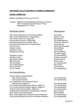 B-2/25/10 1 DELAWARE VALLEY REGIONAL PLANNING COMMISSION BOARD COMMITTEE Minutes of Meeting of February 25, 2010 Location: Delaw