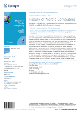 History of Nordic Computing IFIP WG9.7 First Working Conference on the History of Nordic Computing (Hinc1), June 16-18, 2003, Trondheim, Norway