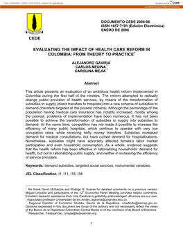 Evaluating the Impact of Health Care Reform in Colombia: from Theory to Practice1