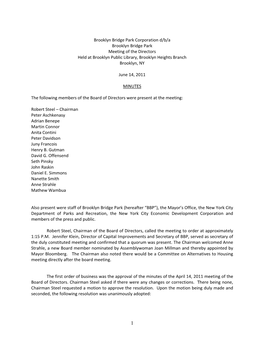Brooklyn Bridge Park Corporation D/B/A Brooklyn Bridge Park Meeting of the Directors Held at Brooklyn Public Library, Brooklyn Heights Branch Brooklyn, NY