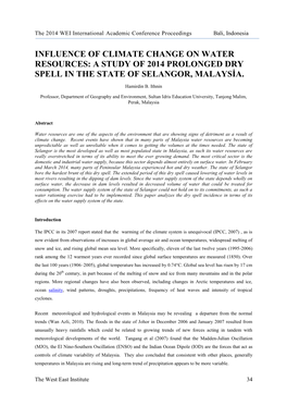 Influence of Climate Change on Water Resources: a Study of 2014 Prolonged Dry Spell in the State of Selangor, Malaysia