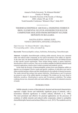 Thermoacidophilic Archaea, Oxidizing Ferrous Iron, Elemental Sulfur and Reduced Sulfur Compounds Isolated from Different Sulfide Deposits in Bulgaria