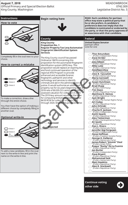 August 7, 2018 Official Primary and Special Election Ballot King County