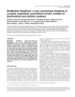 Biomodels Database: a Free, Centralized Database of Curated, Published, Quantitative Kinetic Models of Biochemical and Cellular