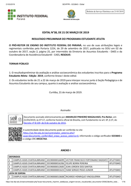 Edital N°38, De 21 De Março De 2019 Resultado Preliminar