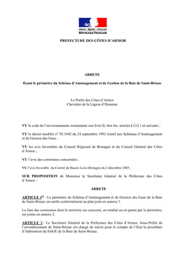 PREFECTURE DES CÔTES D'armor ARRETE Fixant Le