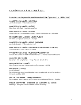 1996 À 2011 Lauréats De La Première Édition Des Prix Opus an 1