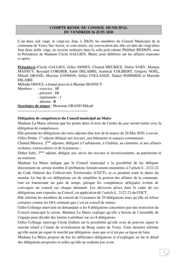 Compte Rendu Du Conseil Municipal Du Vendredi 26 Juin 2020