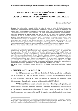 Ordem De Malta Entre a História E O Direito Internacional