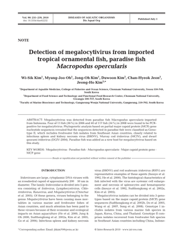 Detection of Megalocytivirus from Imported Tropical Ornamental Fish, Paradise Fish Macropodus Opercularis