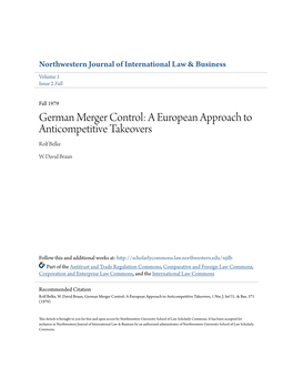 German Merger Control: a European Approach to Anticompetitive Takeovers Rolf Belke