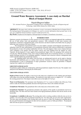 Ground Water Resource Assessment: a Case Study on Murthal Block of Sonipat District