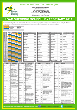 Load Shedding Schedule - February 2019