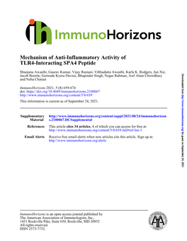 TLR4-Interacting SPA4 Peptide Mechanism of Anti-Inflammatory