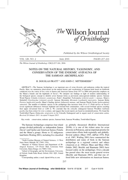Notes on the Natural History, Taxonomy, and Conservation of the Endemic Avifauna of the Samoan Archipelago