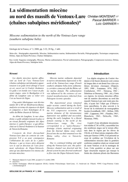 La Sédimentation Miocène Au Nord Des Massifs De Ventoux-Lure Christian MONTENAT (1)** Pascal BARRIER (1) (Chaînes Subalpines Méridionales)* Loïc GARNIER (1)