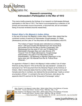 Research Concerning Kahnawake's Participation in the War of 1812