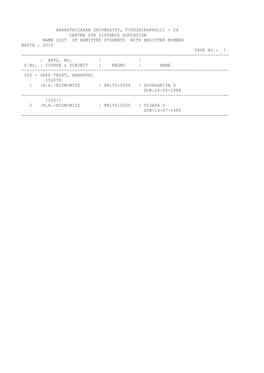 24 CENTRE for DISTANCE EDUCATION NAME LIST of ADMITTED STUDENTS with REGISTER NUMBER BATCH : 2015 PAGE No.: 1 ------| APPL