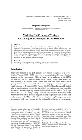 Modelling “Self” Through Writing – Lin Yutang As a Philosopher of the Art of Life