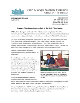 Delegate Filfred Appointed As Chair of the Utah Tribal Leaders