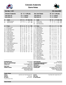 Colorado Avalanche Game Notes