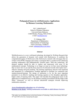 Pedagogical Issues in Webmathematica Applications in Distance Learning Mathematics