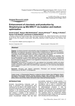 Enhancement of Clavulanic Acid Production by Streptomyces Sp MU-NRC77 Via Mutation and Medium Optimization