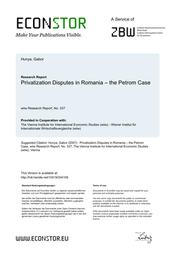 Privatization Disputes in Romania – the Petrom Case