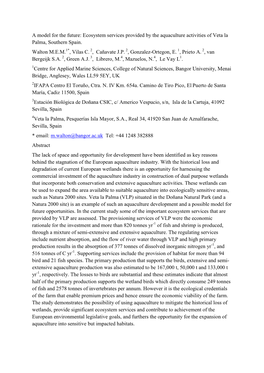 A Model for the Future: Ecosystem Services Provided by the Aquaculture Activities of Veta La Palma, Southern Spain