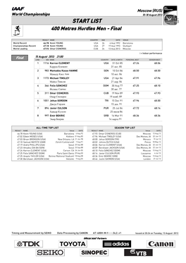 START LIST 400 Metres Hurdles Men - Final