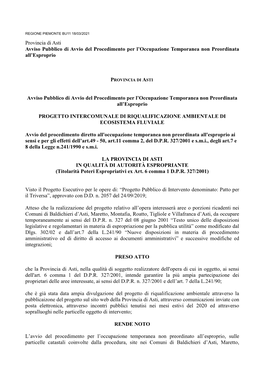 Provincia Di Asti Avviso Pubblico Di Avvio Del Procedimento Per L’Occupazione Temporanea Non Preordinata All’Esproprio